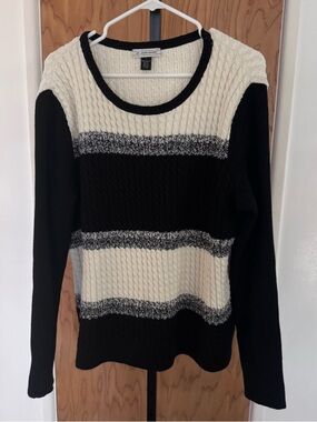 St John Sport Black & Cream Cable Knit Sweater long sleeve women XL